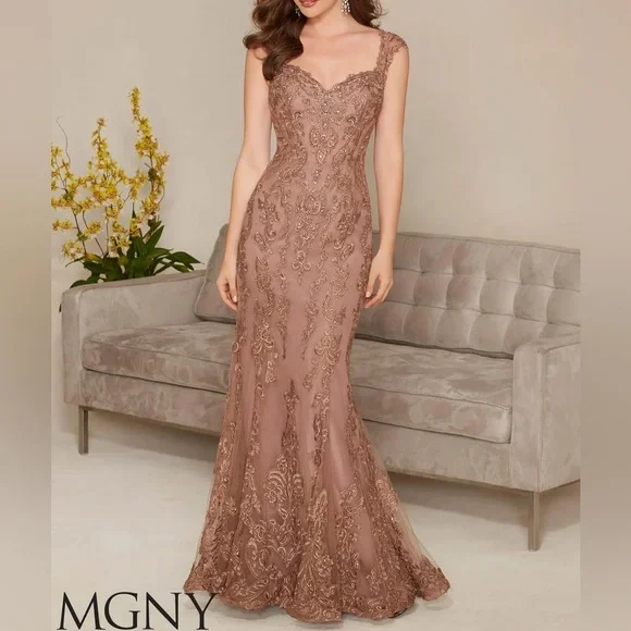 NWT MGNY 71314 Size 20 Mocha long dress with lace - Picture 1 of 5